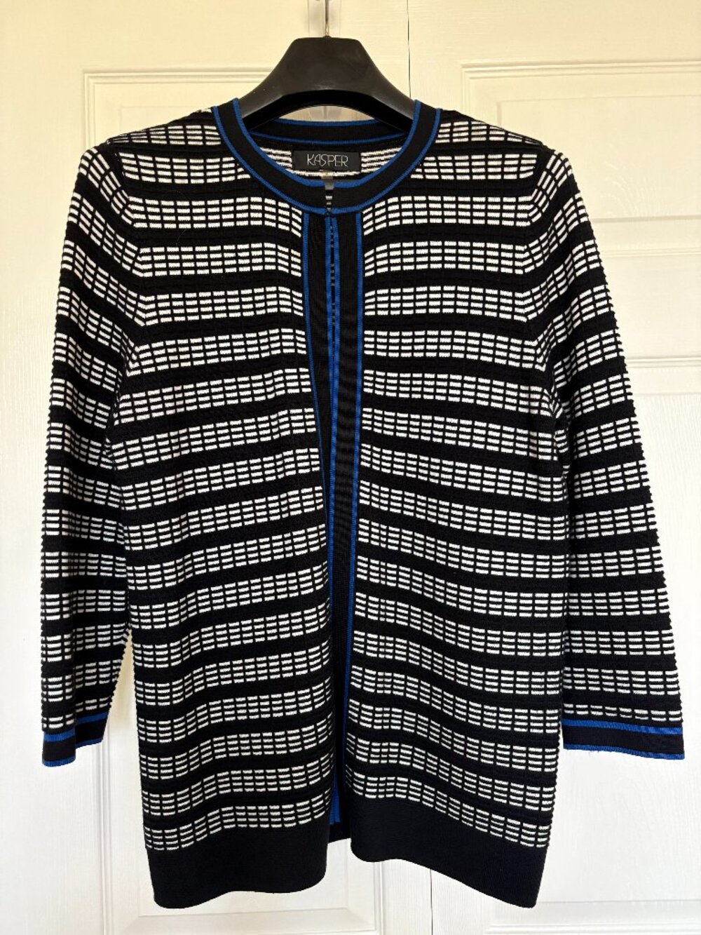 Kasper Black & White Striped Knit Jacket - Size M - Royal Blue Trim